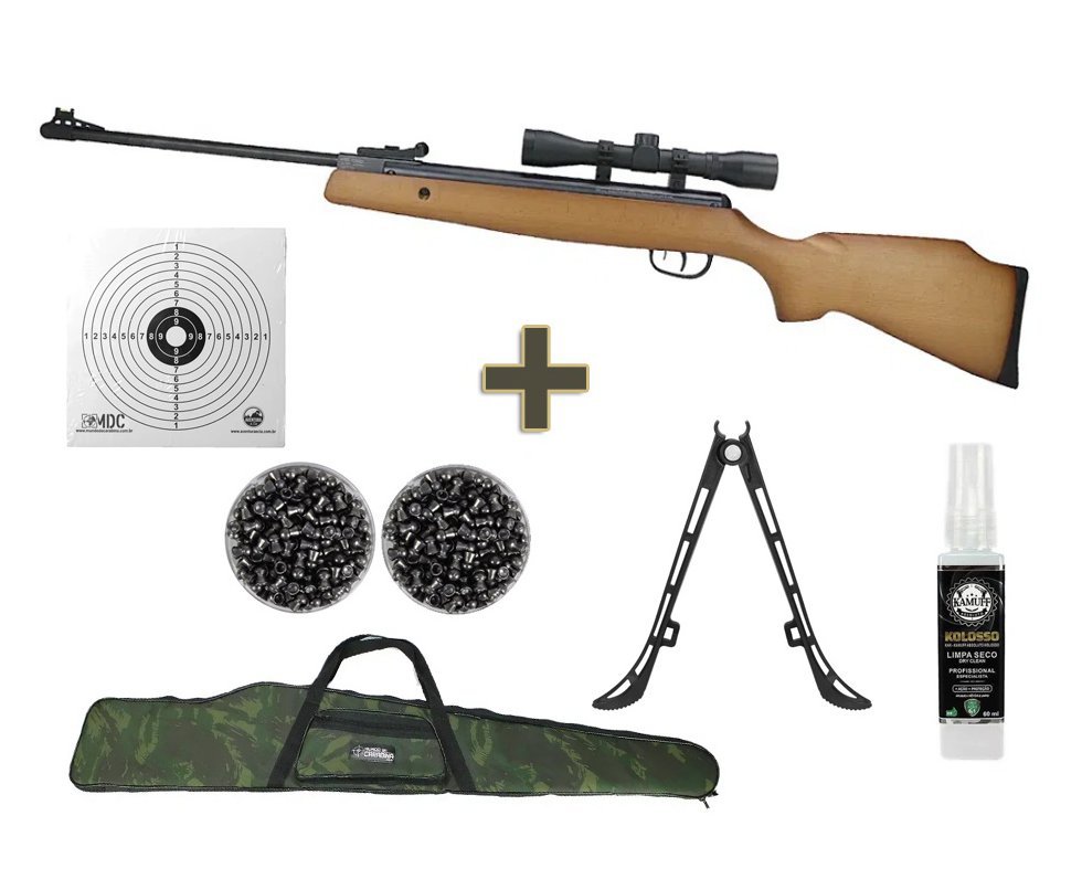 Carabina de Pressão Optmus 5,5mm + Luneta Center Point 4x32 + Chumbos + Capa + Kamuff + Alvos + Bipé