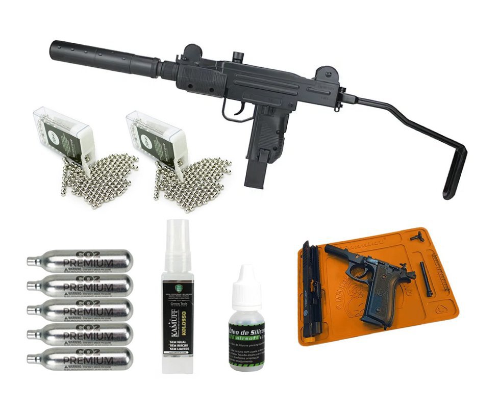 Rifle De Pressão CO2 Mini UZI Full Metal Blowback 4.5 + Tapete + Co2 + BBS + Kamuff + Óleo