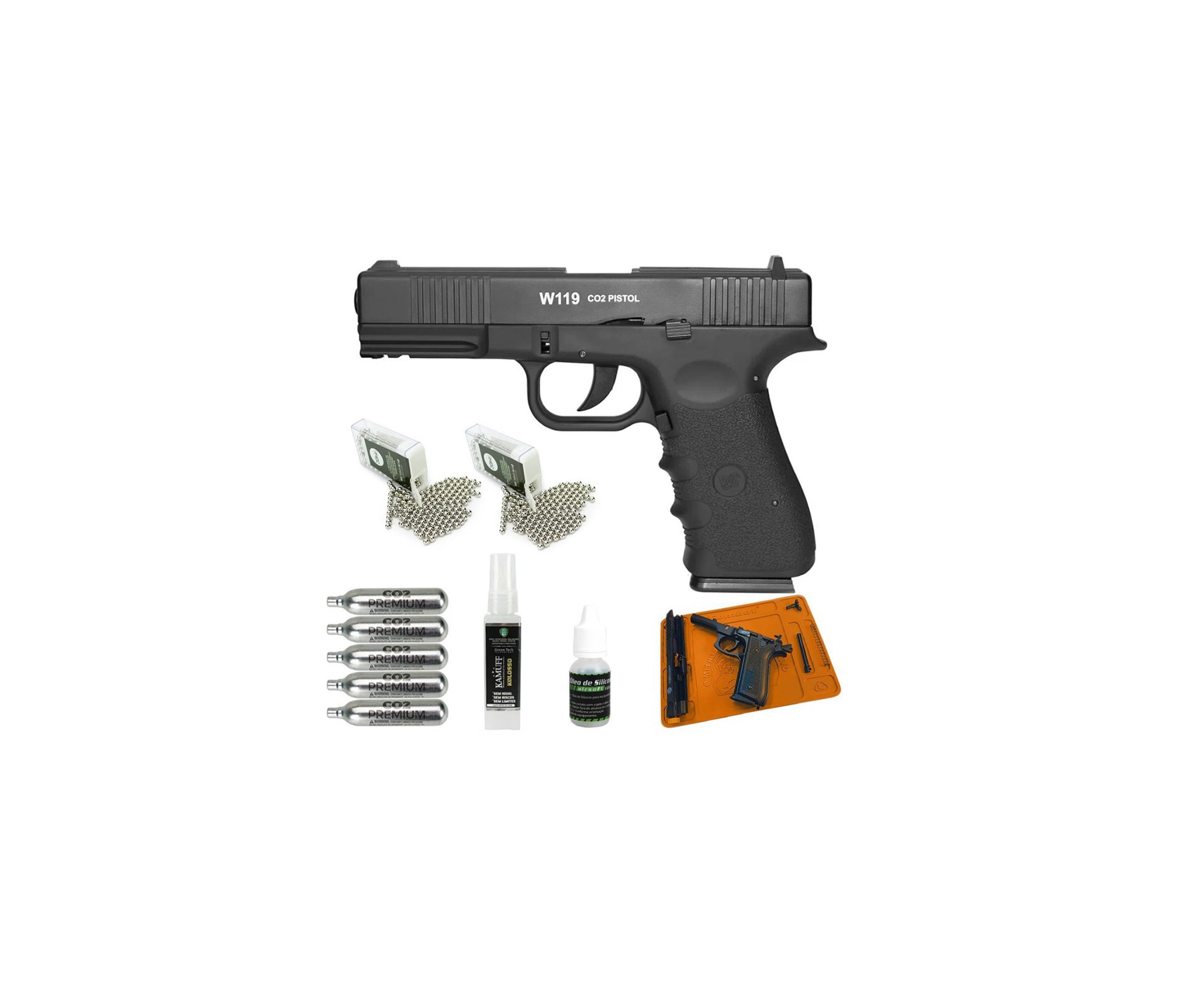 Pistola De Pressão Gas Co2 Wg Glock W119 Slide Metal Blowback 4,5 + Tapete + Co2 + BBS + Kamuff 60ml + Óleo