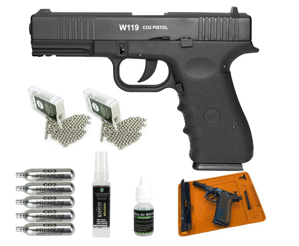 Pistola De Pressão Gas Co2 Wg Glock W119 Slide Metal Blowback 4,5 + Tapete + Co2 + BBS + Kamuff 60ml + Óleo
