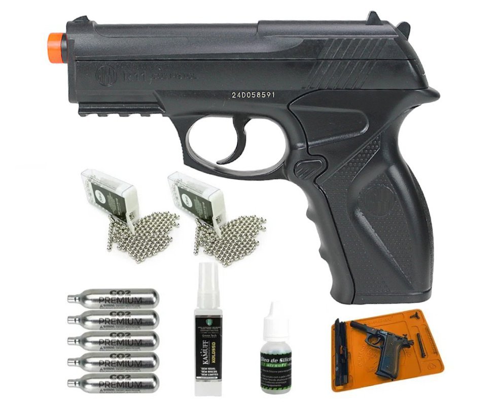Pistola De Pressão Co2 C11 Esferas De Aço 6mm + Tapete + Co2 + BBS + Kamuff + Óleo