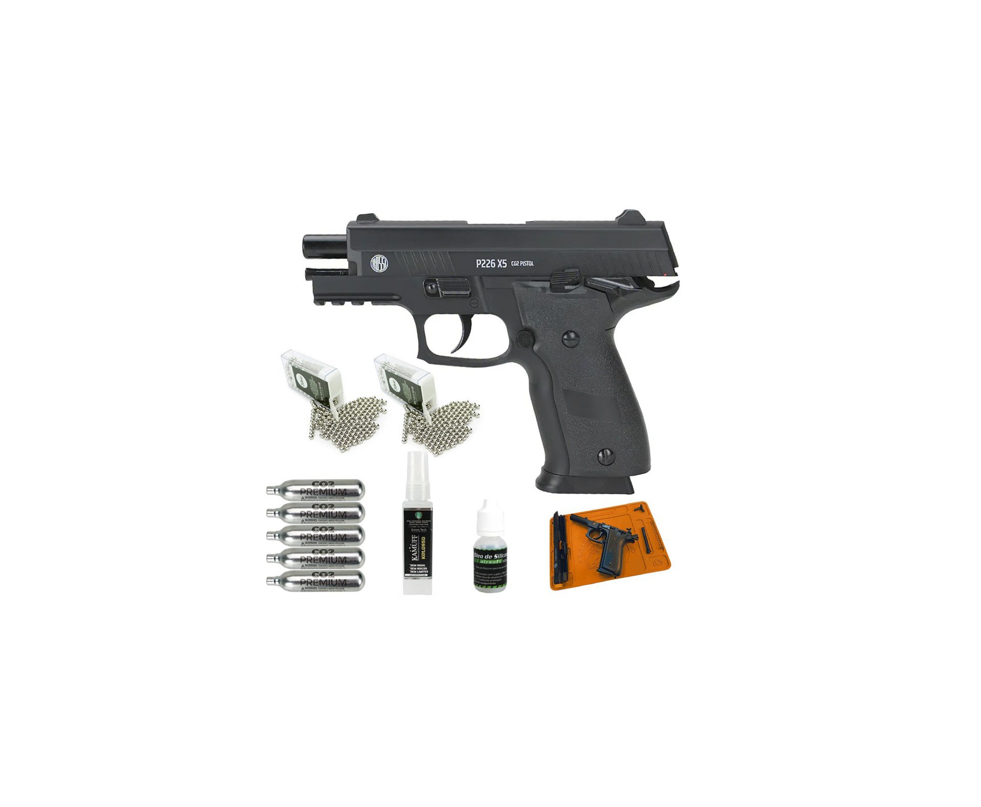 Pistola de Pressão CO2 Sig Sauer P226 X-Five Full Metal GBB Blowback 4,5 + Tapete + Co2 + BBS + Kamuff + Óleo