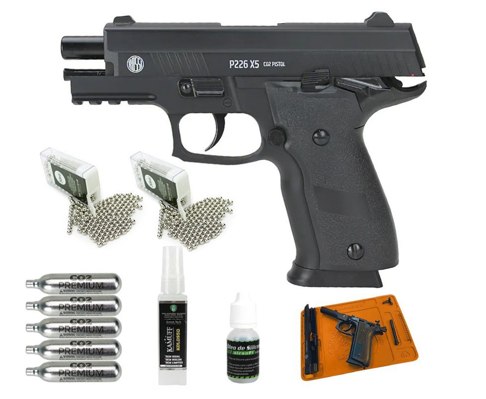 Pistola de Pressão CO2 Sig Sauer P226 X-Five Full Metal GBB Blowback 4,5 + Tapete + Co2 + BBS + Kamuff + Óleo