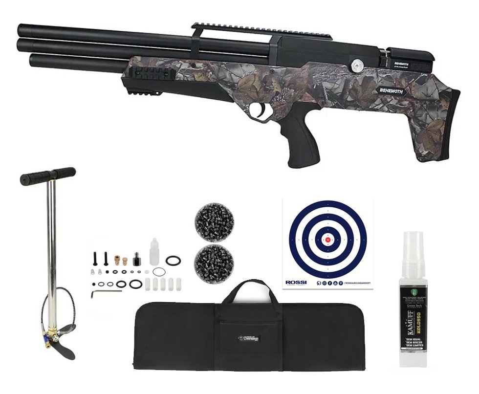 Carabina de Pressão PCP Behemoth PS-R3-SF 5,5 Camuflada + Bomba + Capa + Chumbos + Alvos + Kamuff