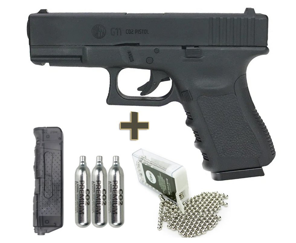 Pistola de Pressão Glock G11 Rossi 4.5mm G19 NBB + Co2 + BBs + Speed Loader