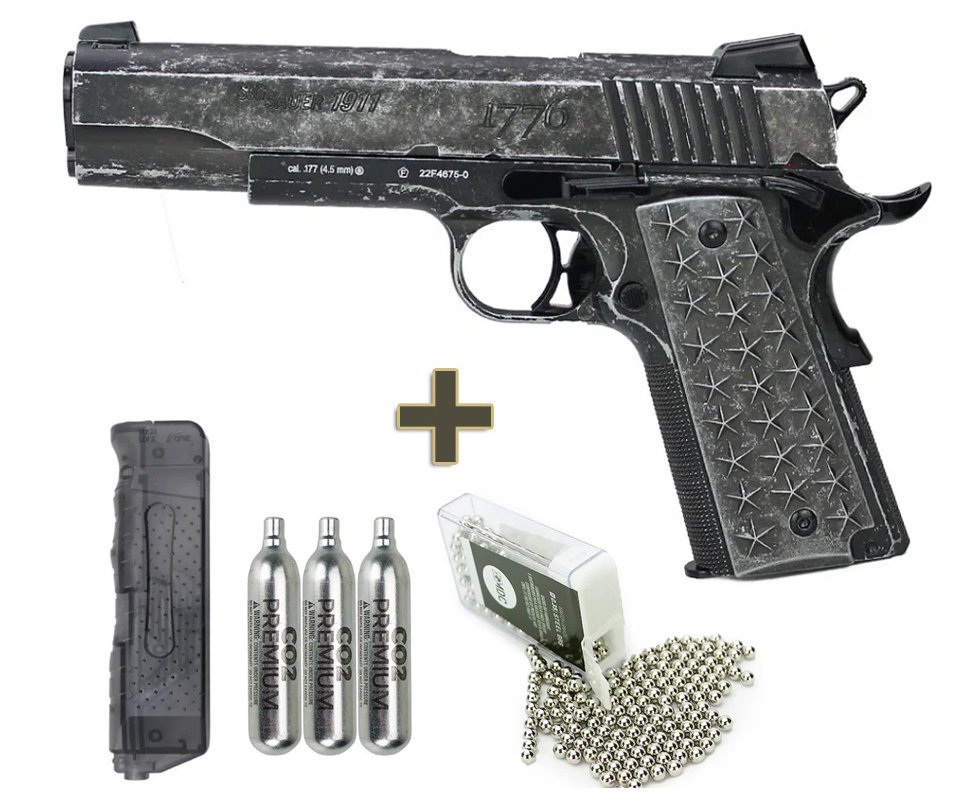 Pistola de Pressão CO2 Sig Sauer 1911 Blowback WE Full Metal 4.5mm Licenciada + Co2 + BBs + Speed Loader