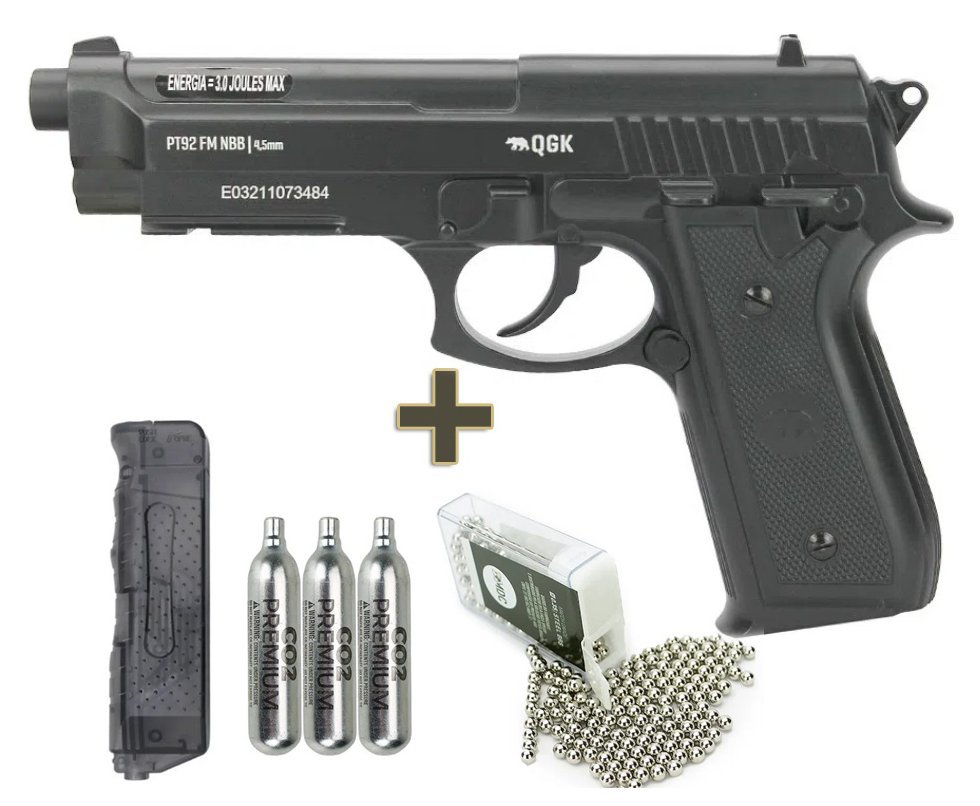 Pistola de Pressão Gás CO2 PT92 Full Metal 4,5mm QGK + Co2 + BBs + Speed Loader