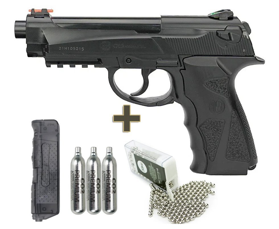 Pistola De Pressão Gas Co2 C12 Polímero Esferas Aço 4,5mm Win Gun Rossi + Co2 + bbs + Speed Loader