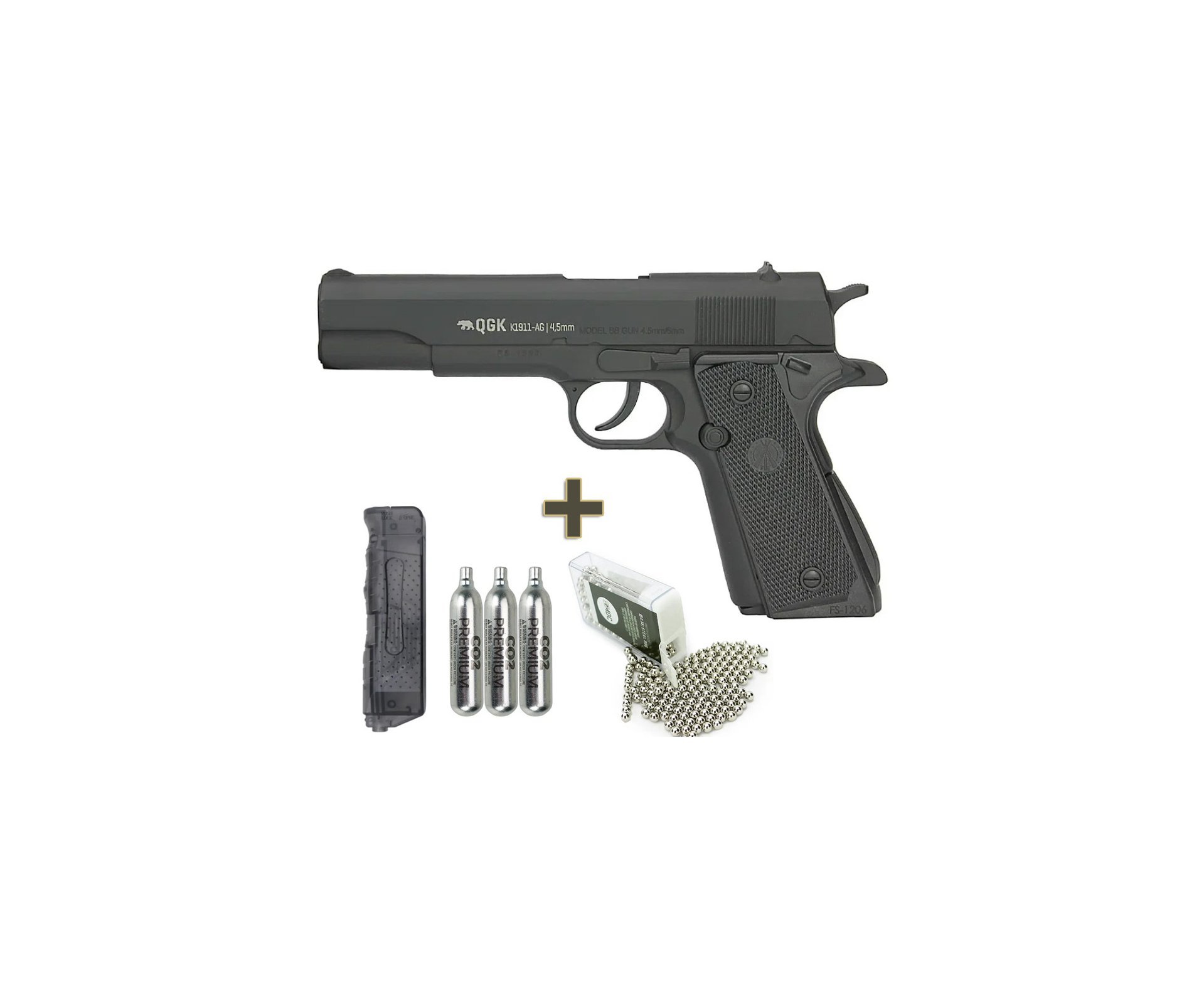 Pistola de Pressão Gás CO2 K1911-AG Colt Full Metal 4.5mm QGK + Co2 + bbs + Speed Loader