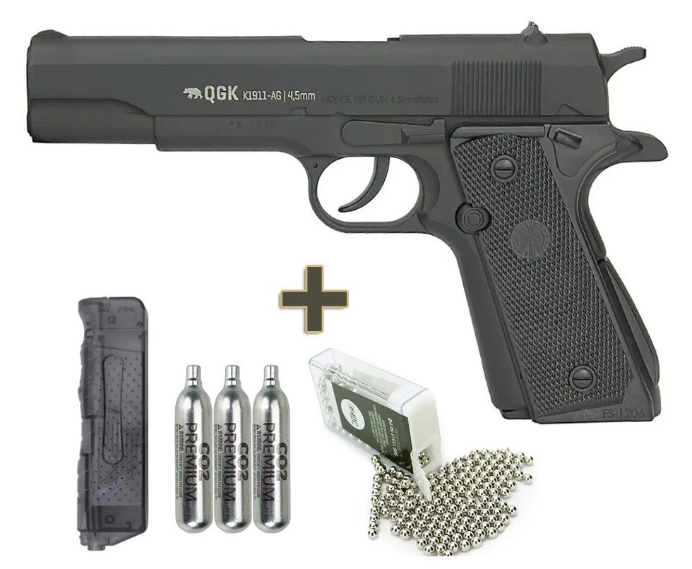 Pistola de Pressão Gás CO2 K1911-AG Colt Full Metal 4.5mm QGK + Co2 + bbs + Speed Loader
