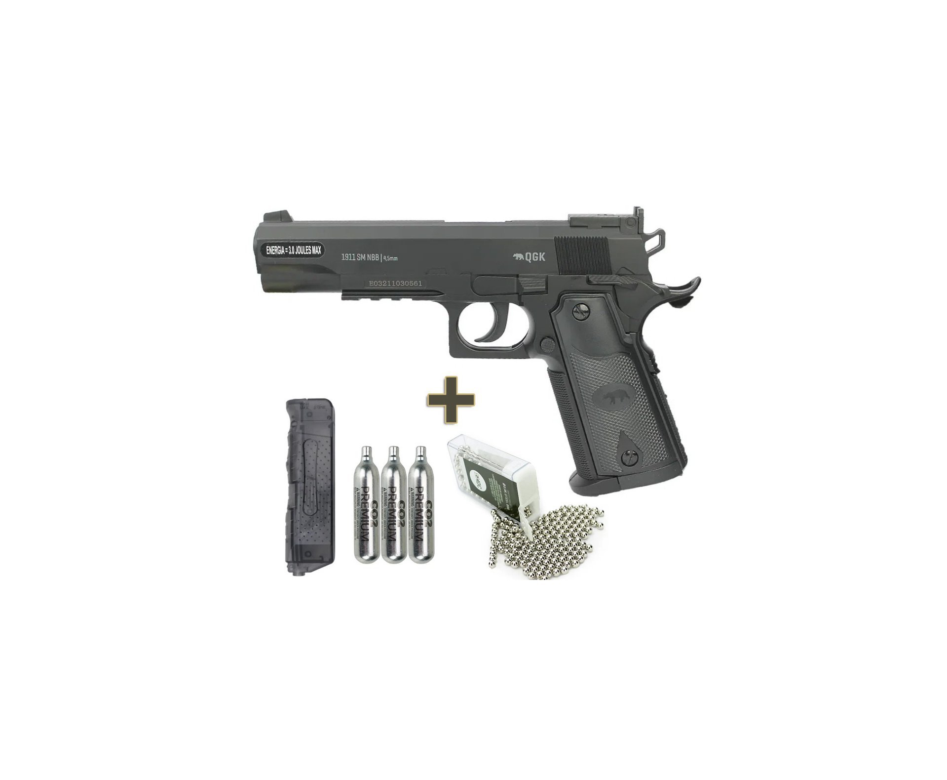 Pistola de Pressão Gás Co2 Colt 1911 4,5mm Power 3 Joules QGK + Co2 + bbs + Speed Loader