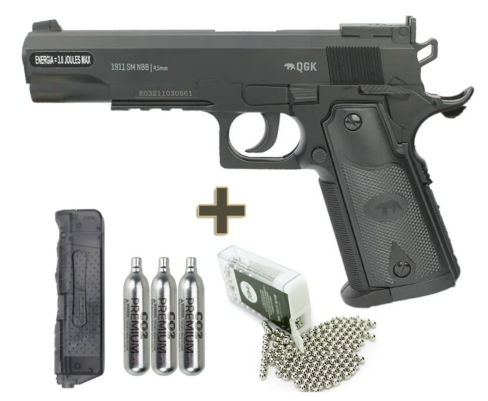 Pistola de Pressão Gás Co2 Colt 1911 4,5mm Power 3 Joules QGK + Co2 + bbs + Speed Loader