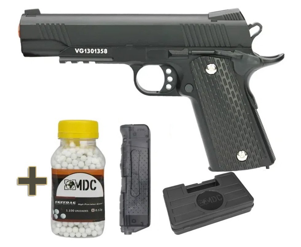 Pistola de Airsoft VG 1911-V13 BK Metal spring 6mm + Speed Loader + BBs + Case