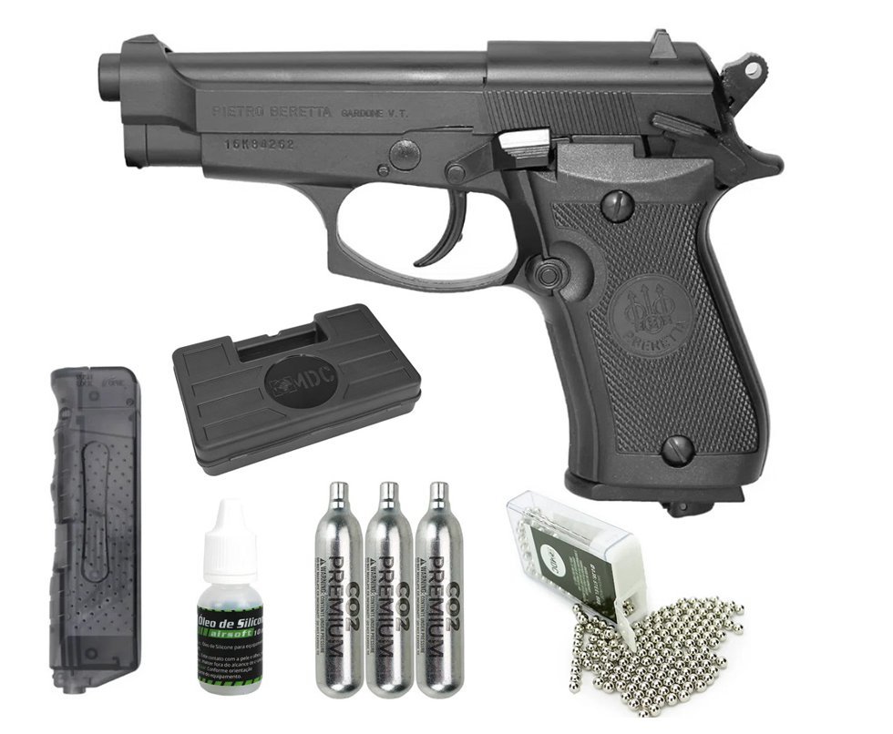 Pistola De Pressão Co2 Beretta 84 Fs Blowback Full Metal 4,5mm + Co2 + bbs + Case+ Óleo de silicone