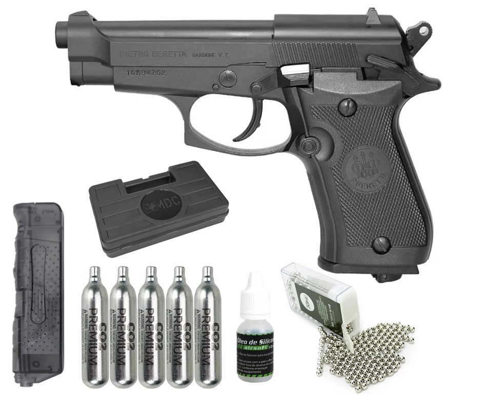 Pistola De Pressão Co2 Beretta 84 Fs Blowback Full Metal 4,5mm + Co2 + BBs + Oleo de silicone + Case + Speed Loader