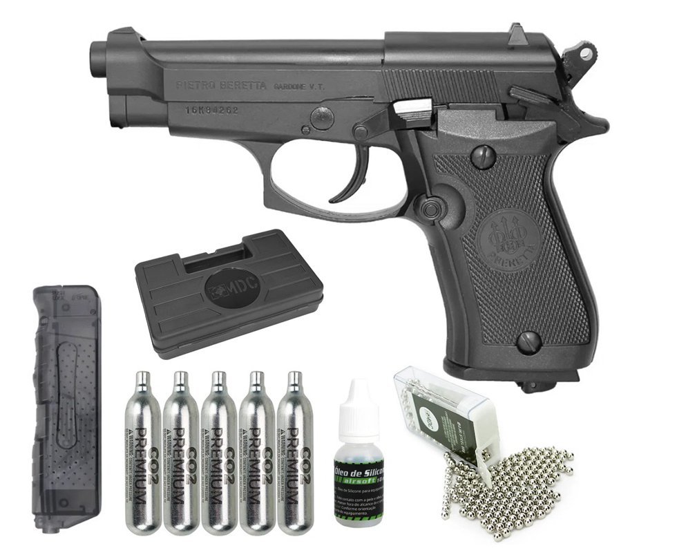 Pistola De Pressão Co2 Beretta 84 Fs Blowback Full Metal 4,5mm + Co2 + BBs + Oleo de silicone + Case + Speed Loader
