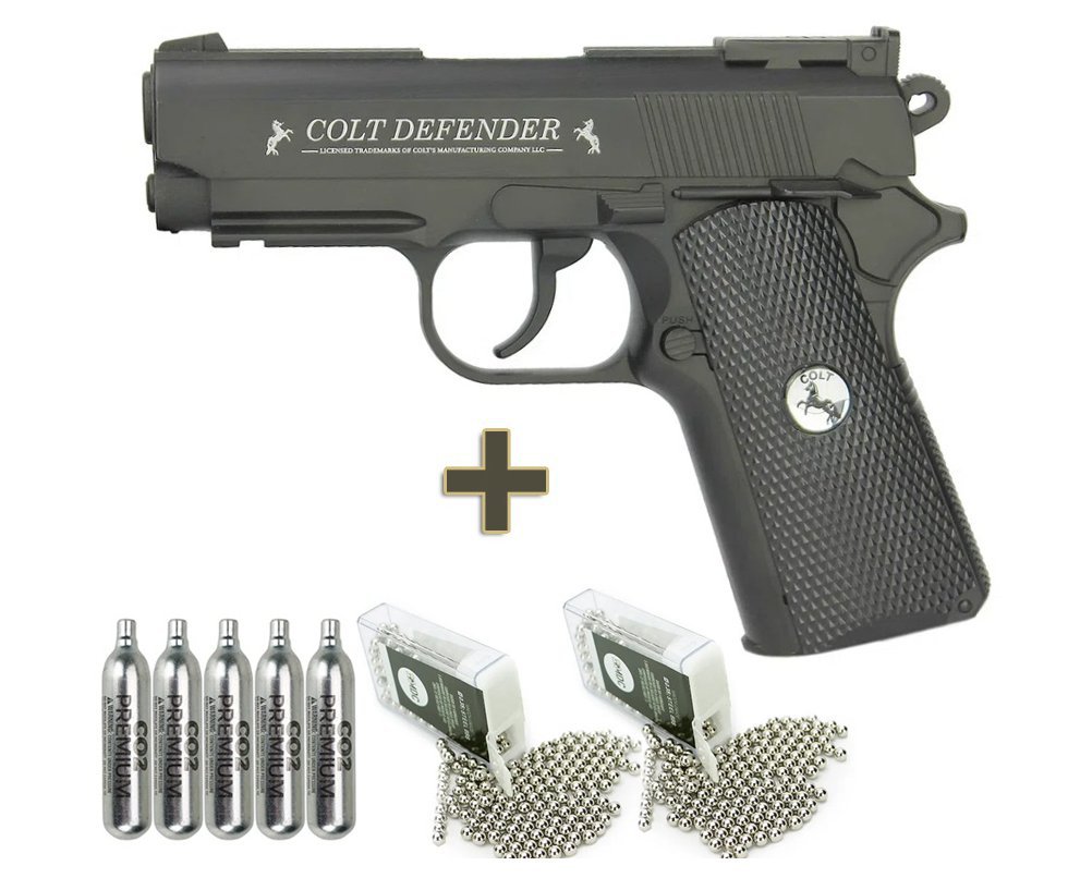 Pistola De Pressão Co2 Colt Defender Full Metal 4,5mm + Co2 + BBs