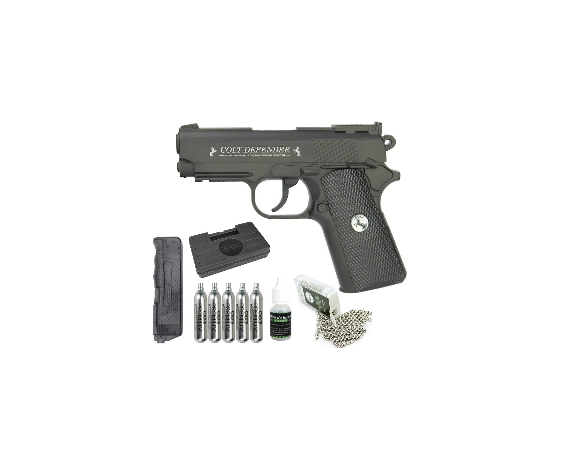 Pistola De Pressão Co2 Colt Defender Full Metal 4,5mm + Co2 + BBs + Case + Óleo de Silcone + Speed Loader