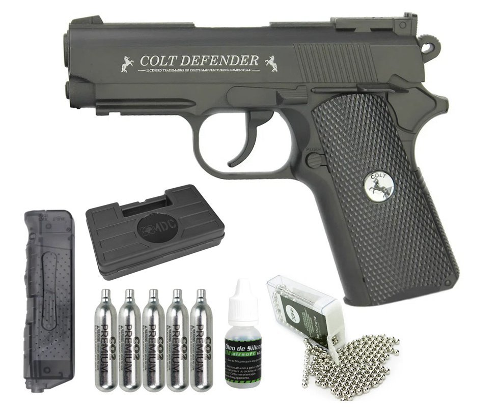 Pistola De Pressão Co2 Colt Defender Full Metal 4,5mm + Co2 + BBs + Case + Óleo de Silcone + Speed Loader