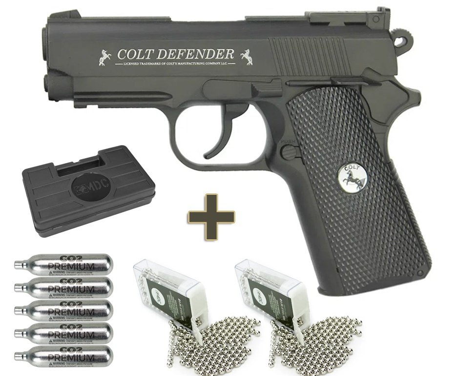 Pistola De Pressão Co2 Colt Defender Full Metal 4,5mm + Co2 + BBs + Case