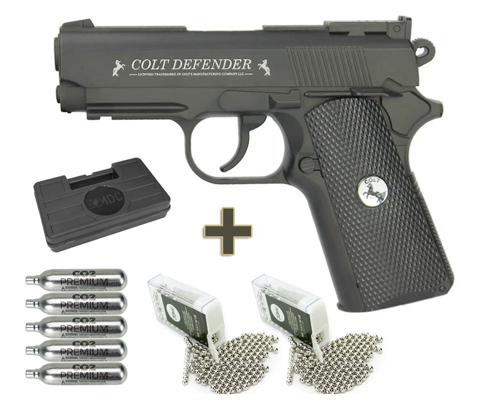 Pistola De Pressão Co2 Colt Defender Full Metal 4,5mm + Co2 + BBs + Case