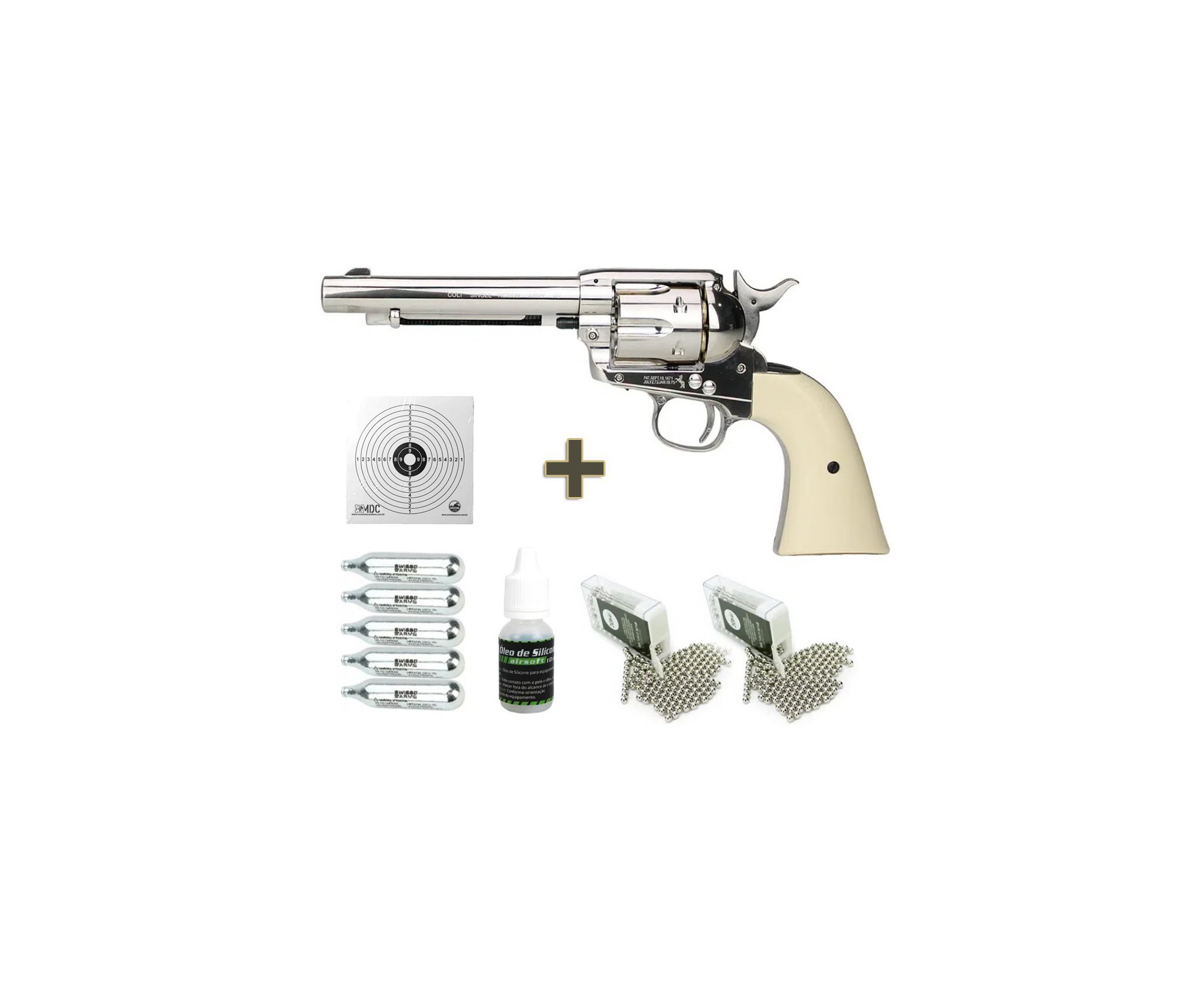 Revólver de Pressão CO2 Colt SAA .45 5.5” BB’S 4.5mm - Umarex + Co2 + BBs + Óleo de Silicone + Alvos