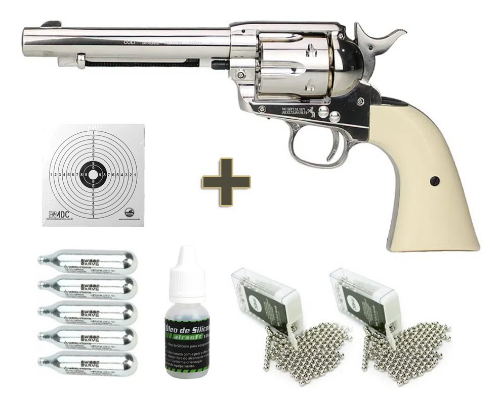 Revólver de Pressão CO2 Colt SAA .45 5.5” BB’S 4.5mm - Umarex + Co2 + BBs + Óleo de Silicone + Alvos