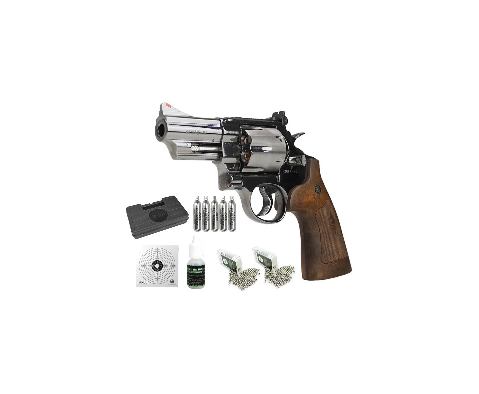 Revólver de Pressão CO2 Magnum 44 3" Smith & Wesson M29 4,5mm - Umarex + Co2 + BBs +Óleo de silicone + Alvos + Case