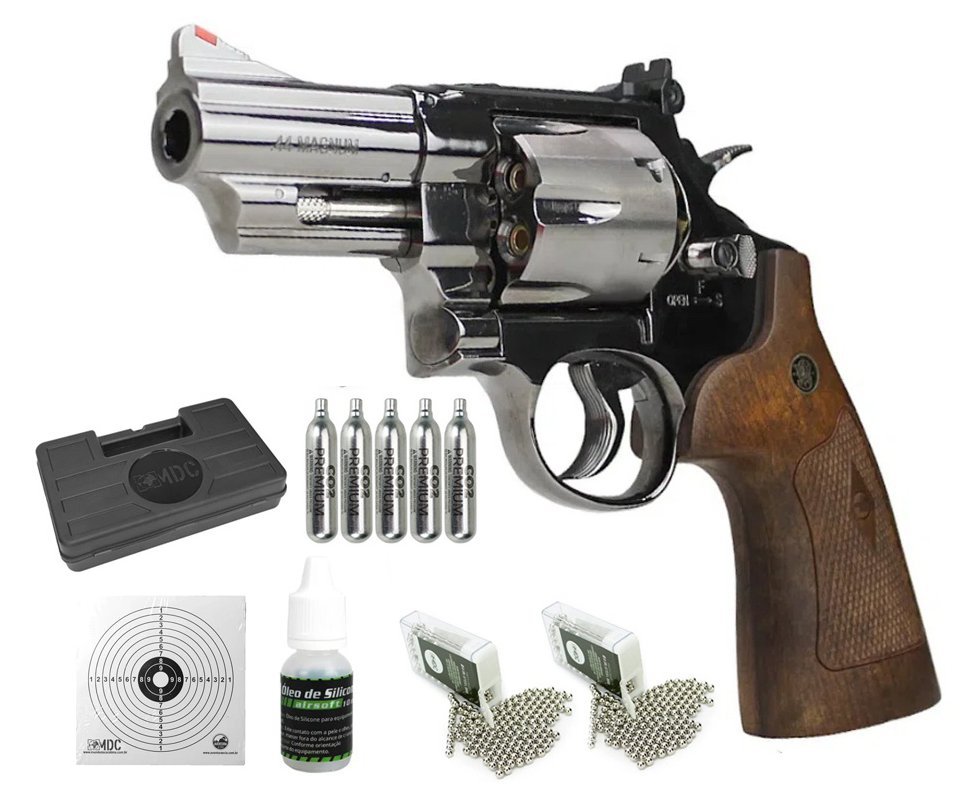 Revólver de Pressão CO2 Magnum 44 3" Smith & Wesson M29 4,5mm - Umarex + Co2 + BBs +Óleo de silicone + Alvos + Case