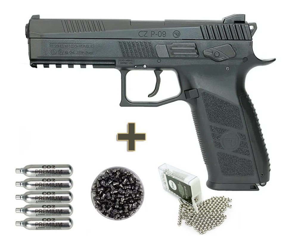Pistola Pressão Gás CO2 CZ P09 Blowback Chumbinho E Esfera 4,5 + Chumbos + BBS + Co2