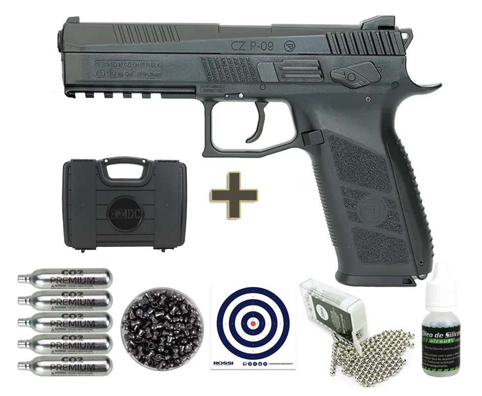 Pistola Pressão Gás CO2 CZ P09 Blowback Chumbinho E Esfera 4,5 + Chumbos + BBS + Co2 + Case + Óleo + Alvos