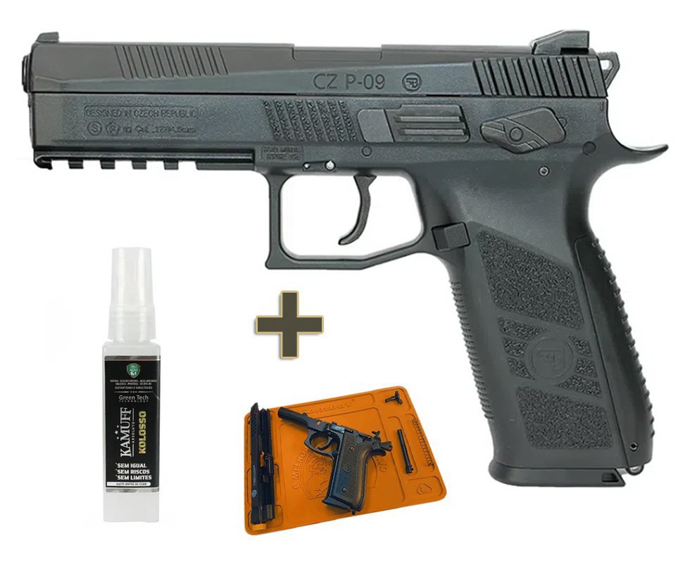 Pistola Pressão Gás CO2 CZ P09 Blowback Chumbinho E Esfera 4,5 + Tapete + Kamuff