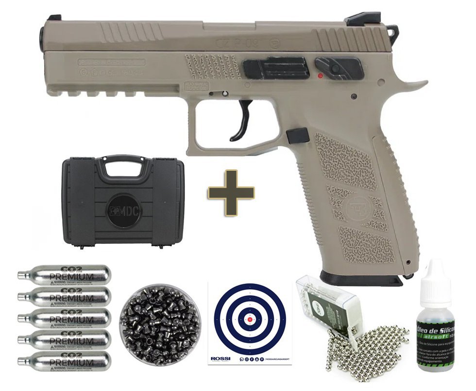 Pistola Pressão Gás CO2 CZ P09 Blowback Desert Chumbinho E Esfera 4,5 + Chumbo + BBS + Co2 + Case + Alvos + Óleo