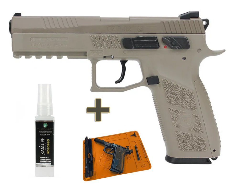 Pistola Pressão Gás CO2 CZ P09 Blowback Desert Chumbinho E Esfera 4,5mm + Tapete + Kamuff