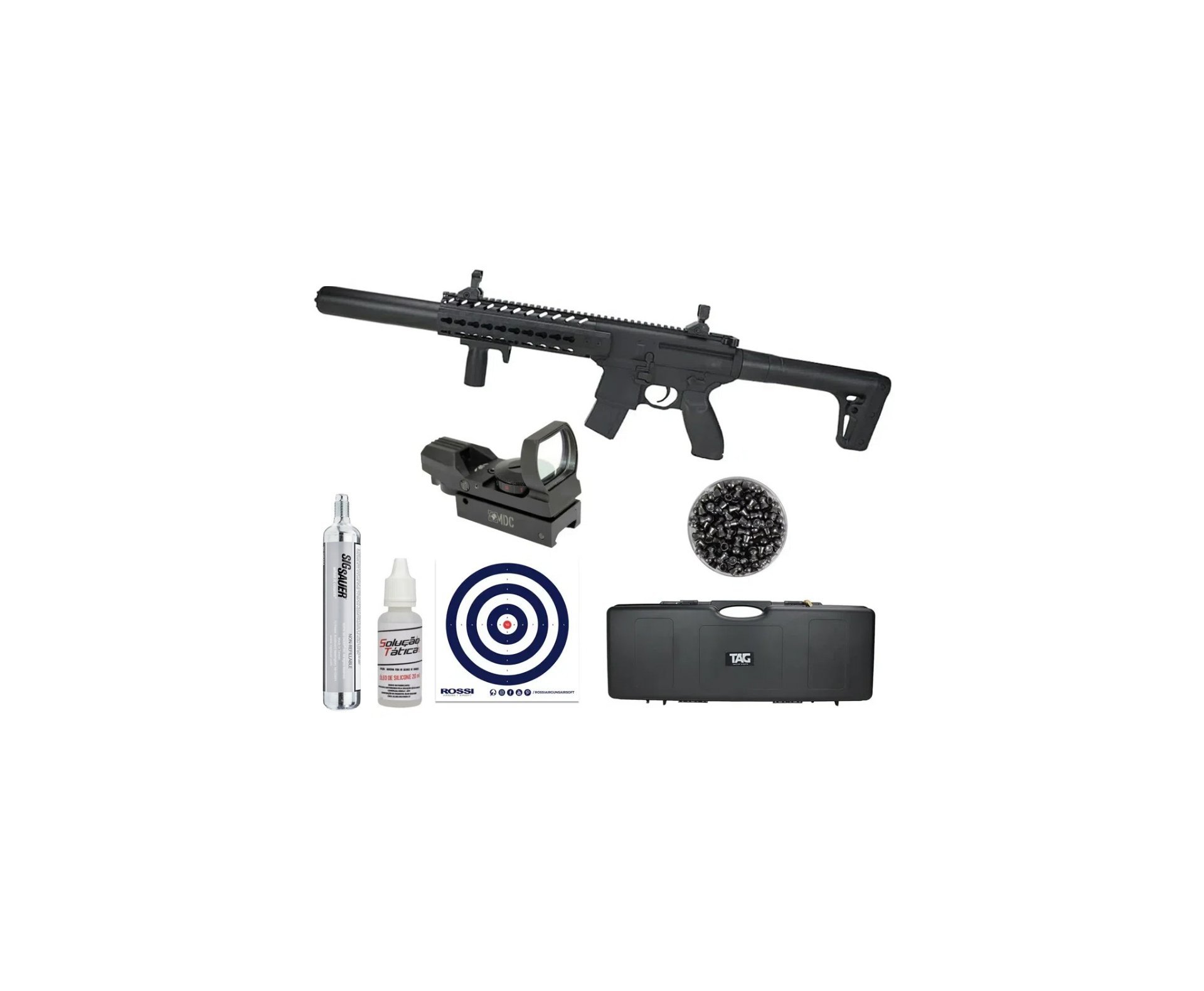 Rifle de Pressão CO2 SEMI-AUTO Sig Sauer MCX 30 BK 4,5mm Chumbinho + Case Rígido + Alvos + Chumbo + Óleo de silicone + Red dot + Co2