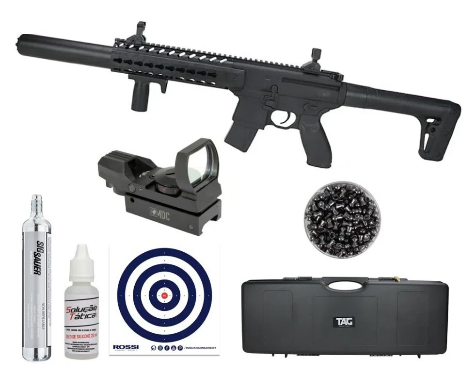 Rifle de Pressão CO2 SEMI-AUTO Sig Sauer MCX 30 BK 4,5mm Chumbinho + Case Rígido + Alvos + Chumbo + Óleo de silicone + Red dot + Co2