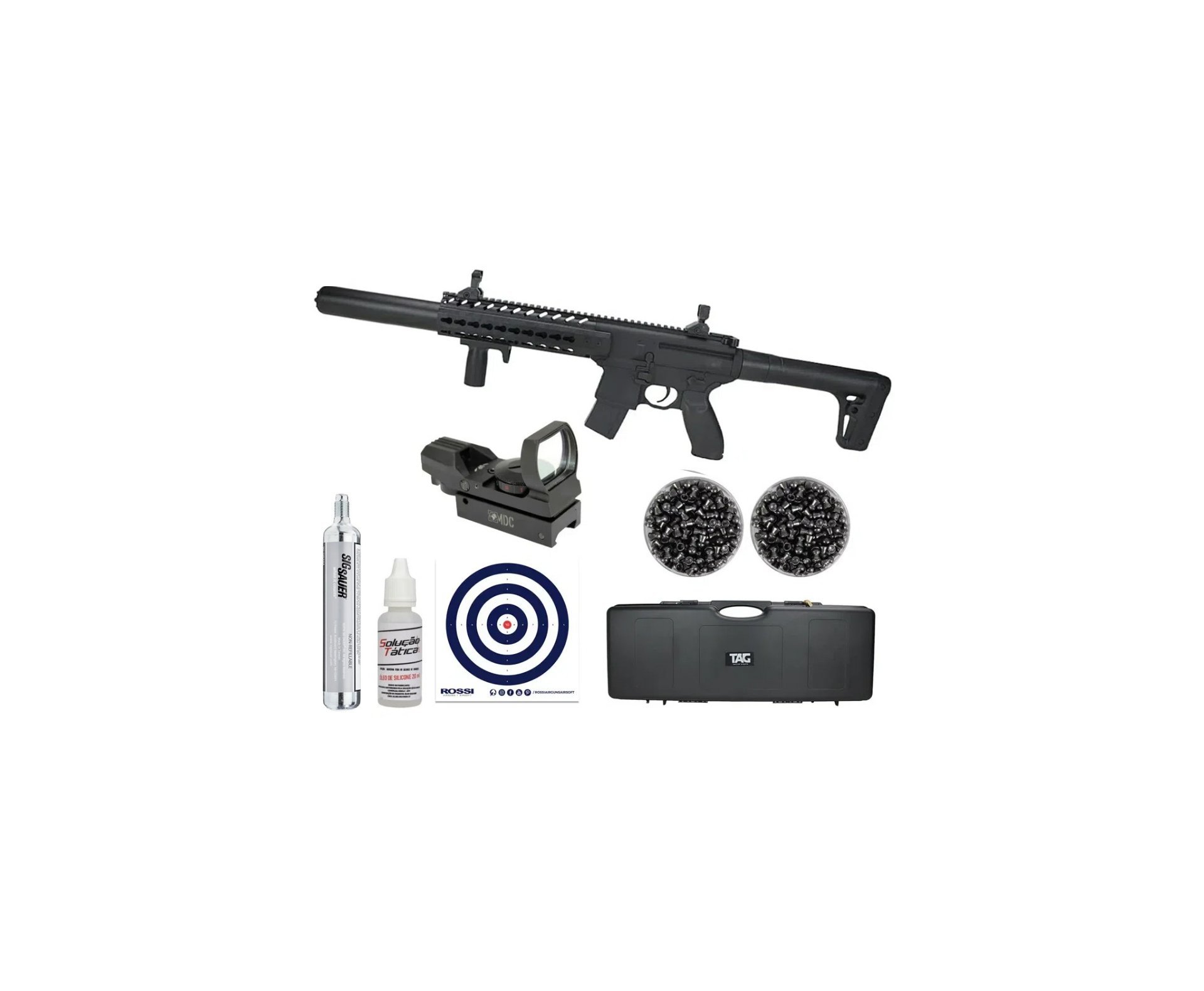 Rifle de Pressão CO2 SEMI-AUTO Sig Sauer MCX 30 BK 4,5mm Chumbinho + Case Rigido + Alvos + 2CX de Chumbo + Óleo de silicone + Co2