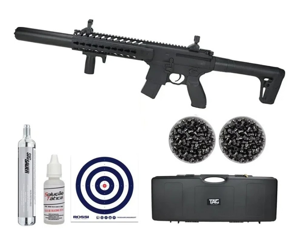 Rifle de Pressão CO2 SEMI-AUTO Sig Sauer MCX 30 BK 4,5mm Chumbinho + Case Rigido + Alvos + 2CX de Chumbo + Óleo de silicone + Co2