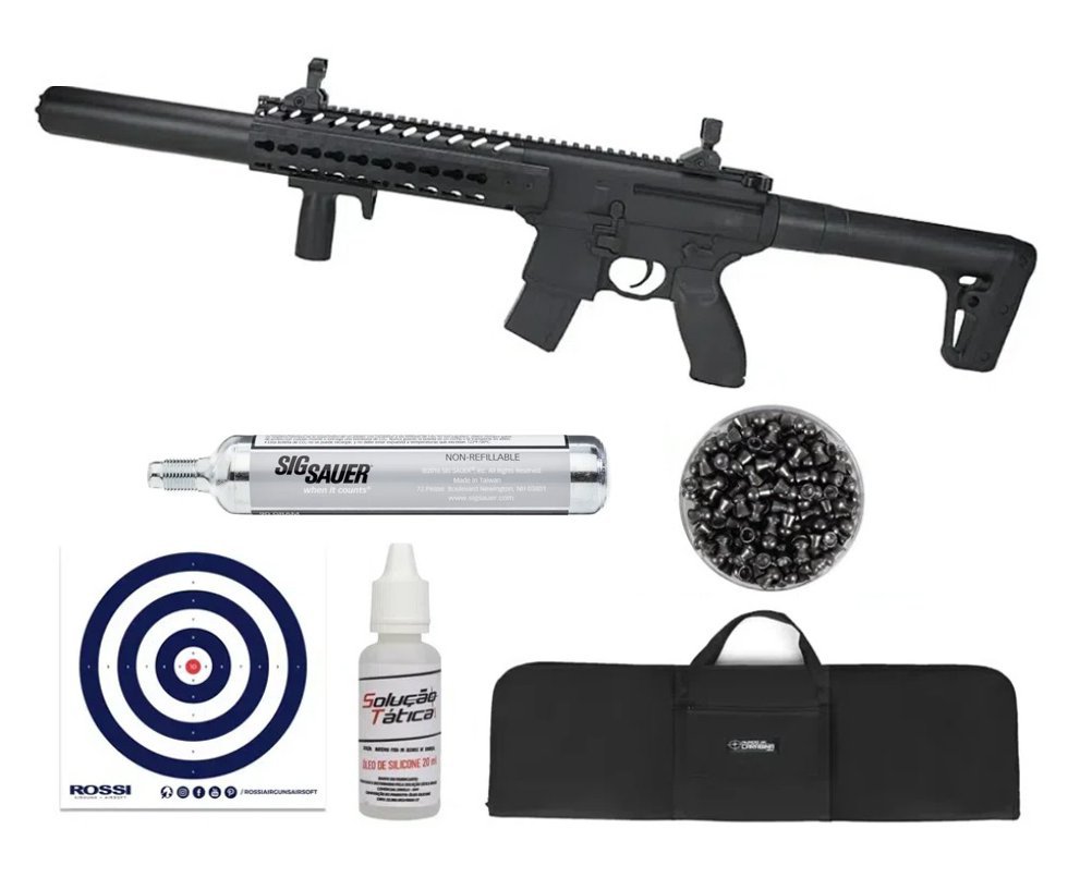 Rifle de Pressão CO2 SEMI-AUTO Sig Sauer MCX 30 BK 4,5mm Chumbinho + Capa + Alvos + Chumbinho + Óleo de silicone + Co2