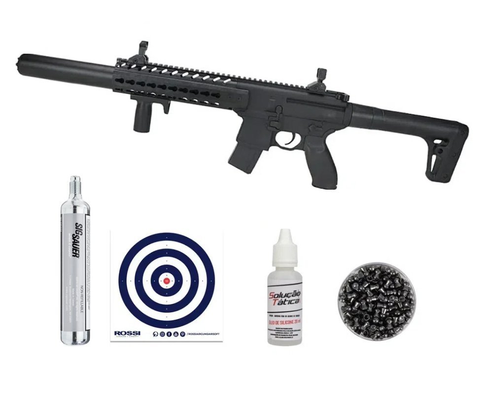 Rifle de Pressão CO2 SEMI-AUTO Sig Sauer MCX 30 BK 4,5mm Chumbinho + Alvos + Chumbinho + Óleo de silicone + Co2