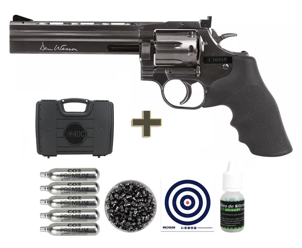 Revólver de Pressão CO2 Dan Wesson 715 Full Metal 6" Grey Chumbinho 4,5mm ASG + Case + Chumbos + Co2 + Alvos + Óleo