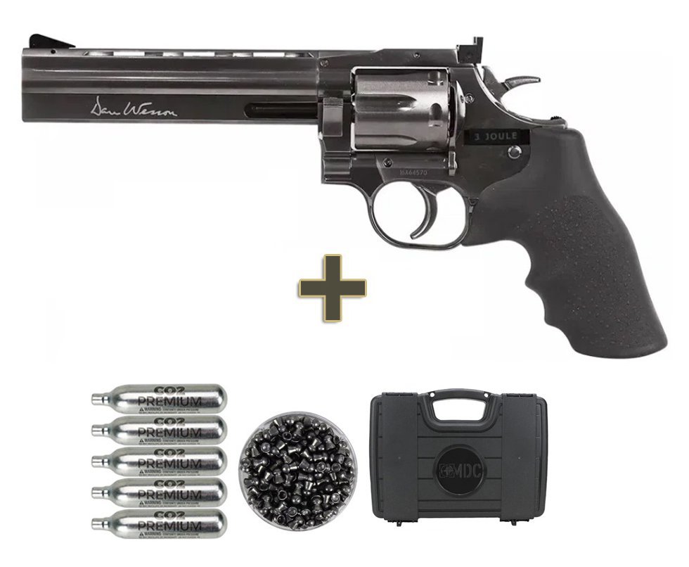 Revólver de Pressão CO2 Dan Wesson 715 Full Metal 6" Grey Chumbinho 4,5 ASG + Case + Co2 + Chumbo