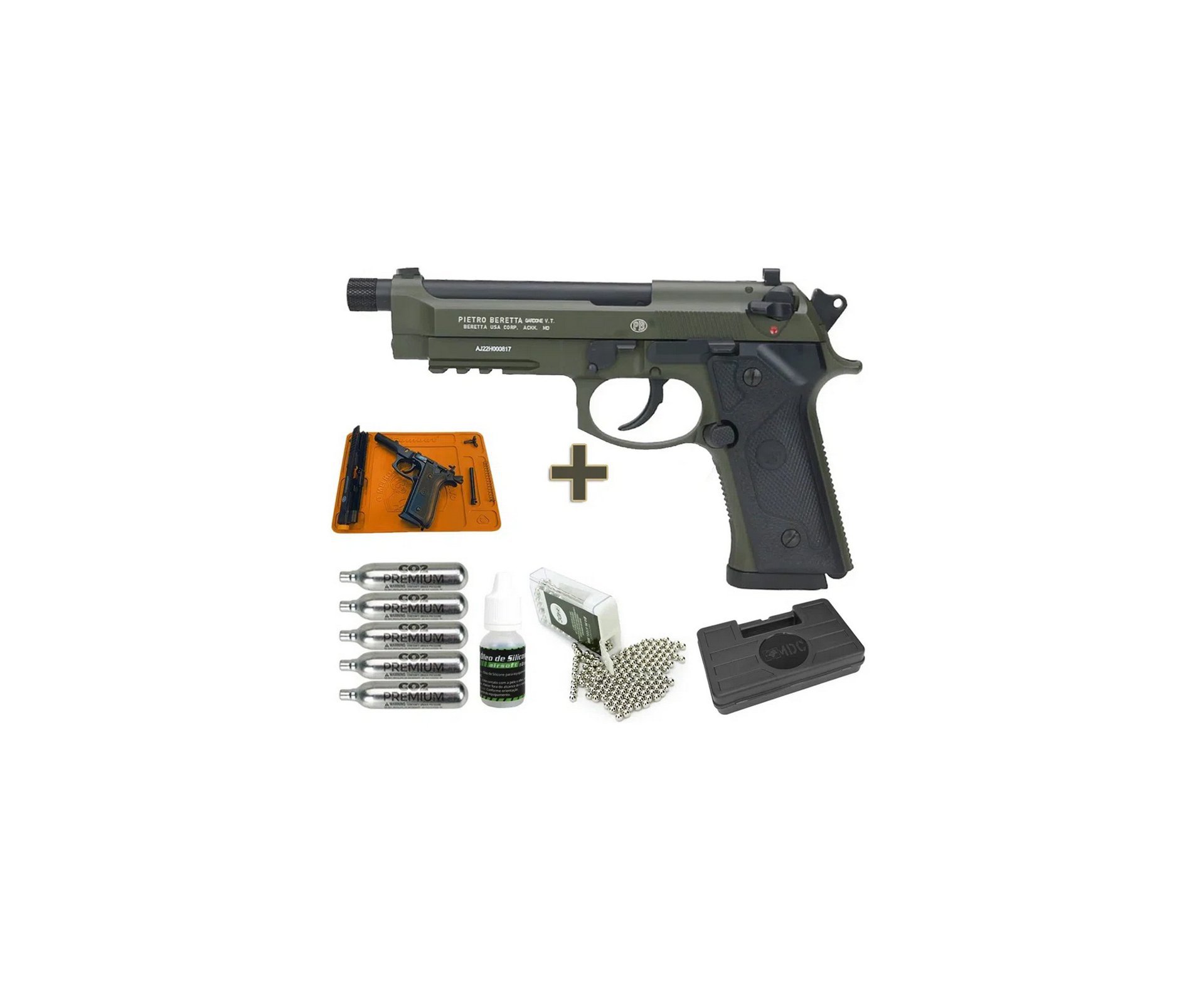 Pistola de Pressão CO2 Beretta M9A3 FM Blowback 4.5 Green Black - Umarex + Co2 + BBs + Óleo de silicone + Tapete + Case