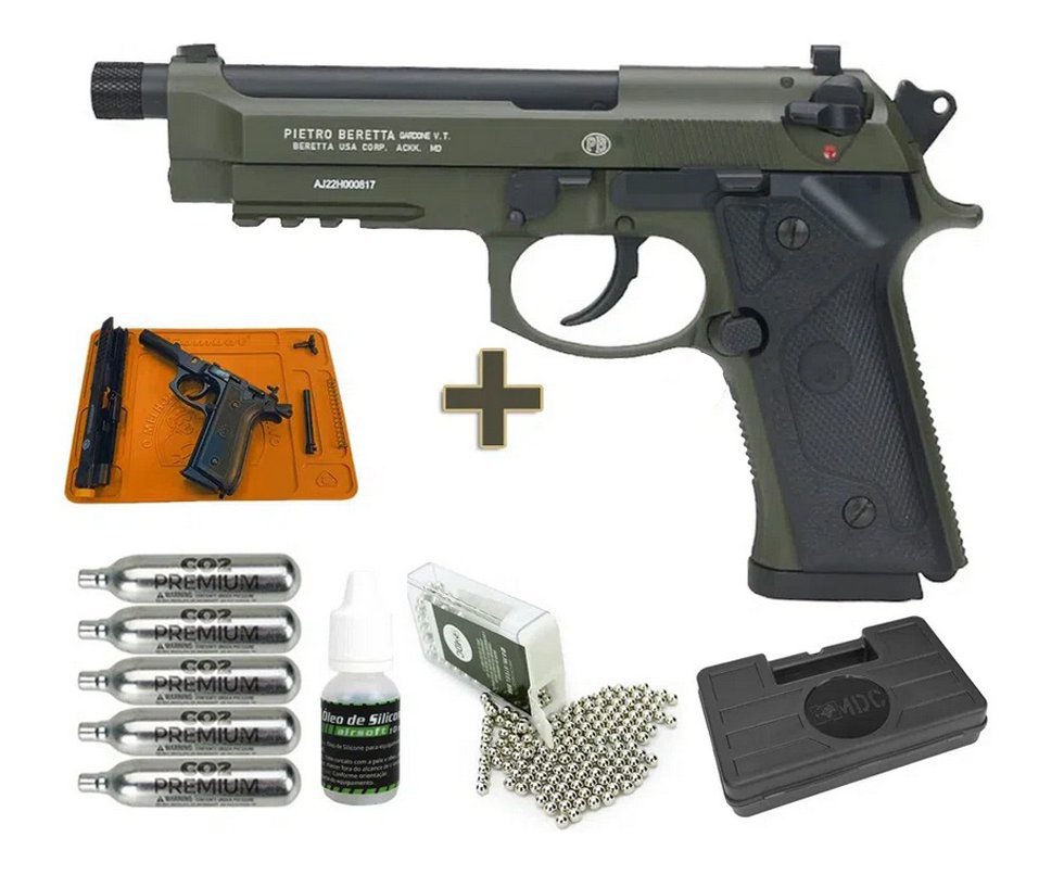 Pistola de Pressão CO2 Beretta M9A3 FM Blowback 4.5 Green Black - Umarex + Co2 + BBs + Óleo de silicone + Tapete + Case