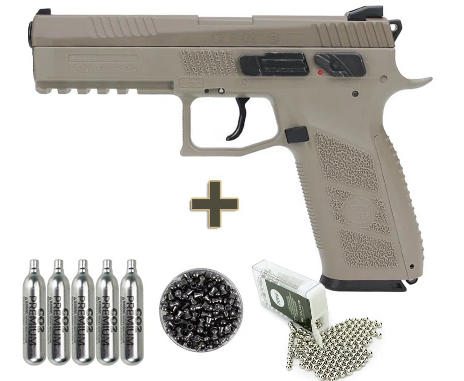 Pistola Pressão Gás CO2 CZ P09 Blowback Desert Chumbinho E Esfera 4,5mm - Asg  + Chumbo + BBs + Co2
