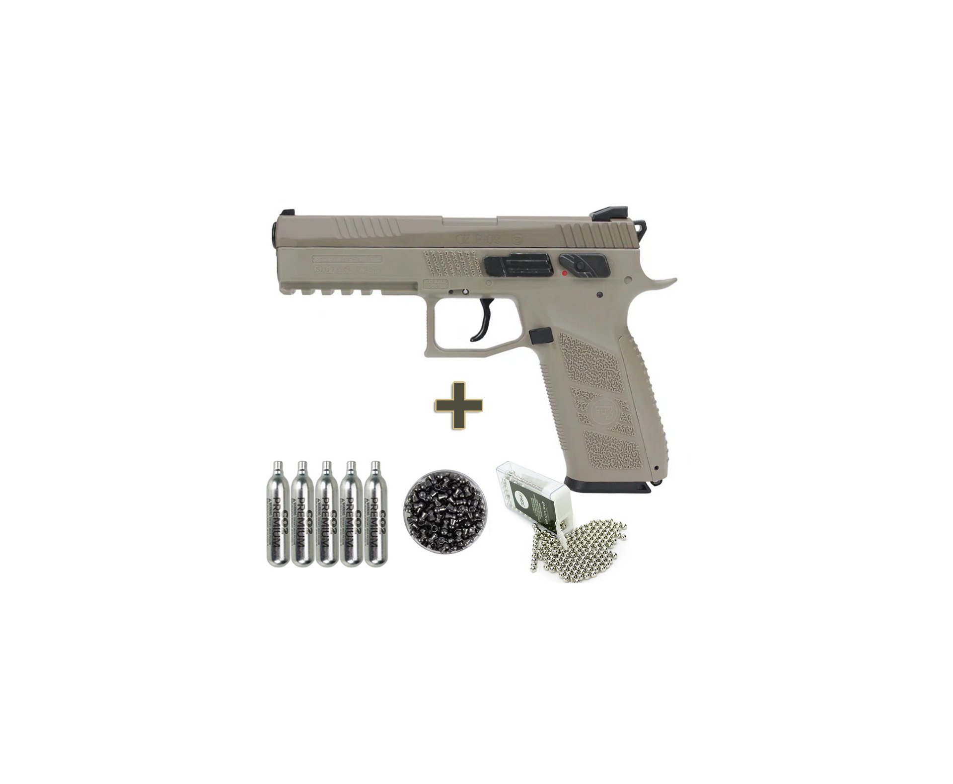 Pistola Pressão Gás CO2 CZ P09 Blowback Desert Chumbinho E Esfera 4,5mm - Asg  + Chumbo + BBs + Co2