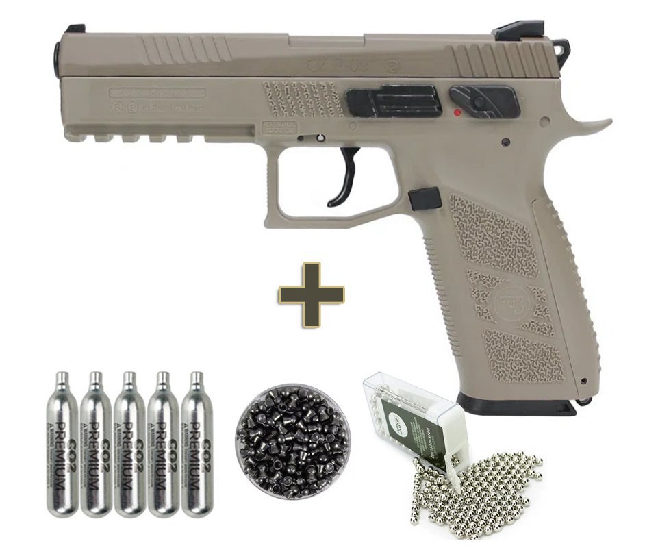 Pistola Pressão Gás CO2 CZ P09 Blowback Desert Chumbinho E Esfera 4,5mm - Asg + Chumbo + BBs + Co2