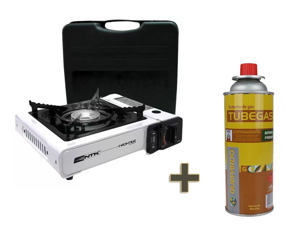 Fogareiro Frontier Portatil Para Cozinha E Camping Branco - Nautika + 01 Refil Tube Gás 227 Gr - Guepardo