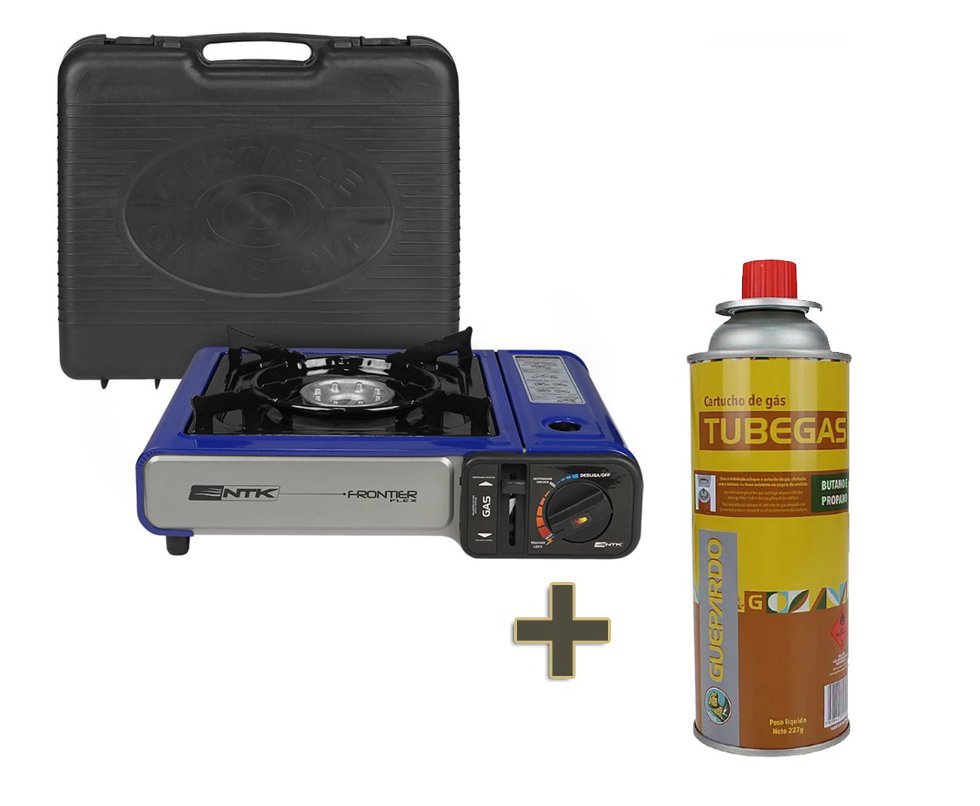 Fogareiro Frontier Portatil Para Cozinha E Camping Azul - Nautika + 01 Refil Tube Gás 227 Gr  Guepardo