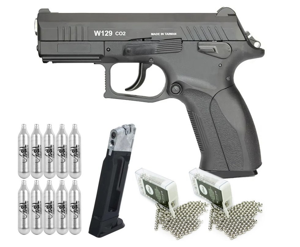 Pistola De Pressão Co2 Blowback Cz300 W129 Wingun 4,5mm + Magazine extra + BBs + 10 Cilindros de Co2